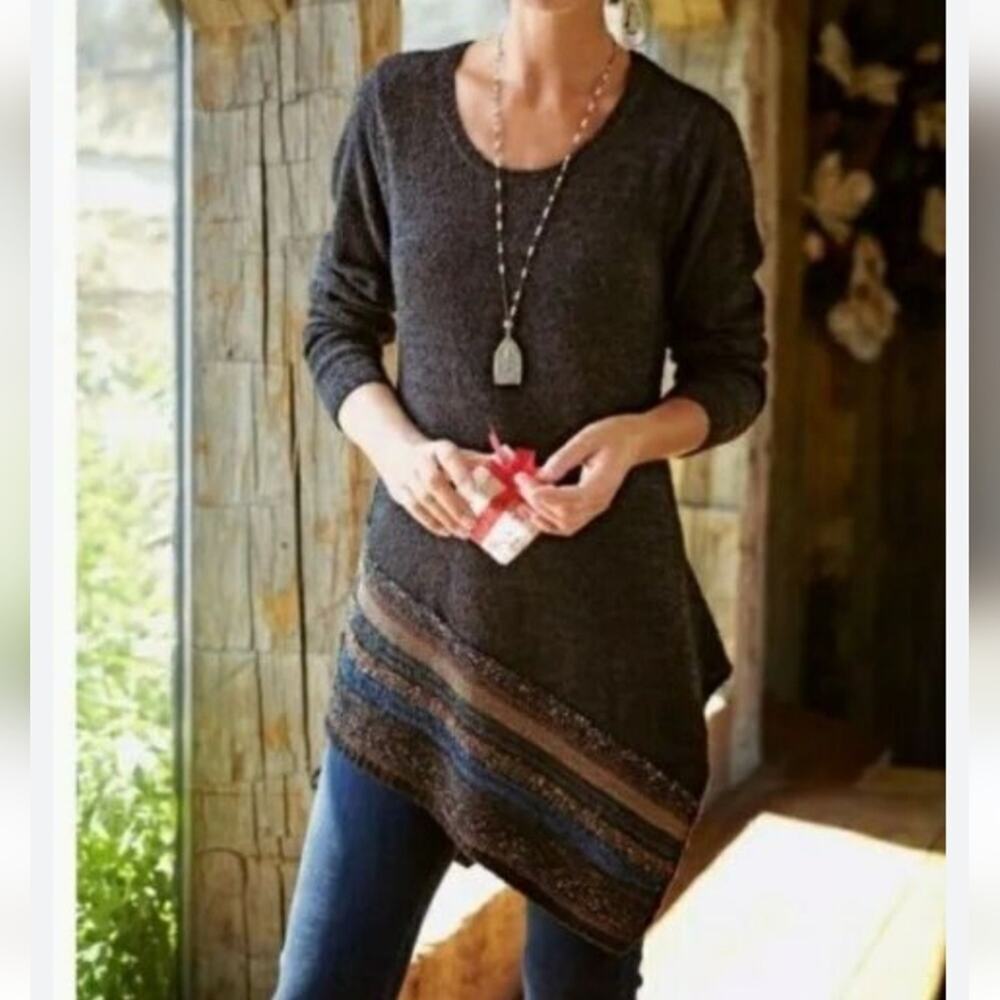 Soft Surroundings Raku Scarf Hem Lagenlook Woven Wool Sweater Sz‎ L Brown Black